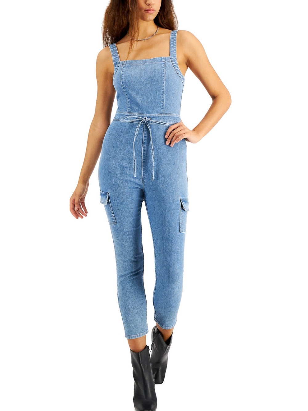 Tinseltown Juniors' Belted Denim Jumpsuit
